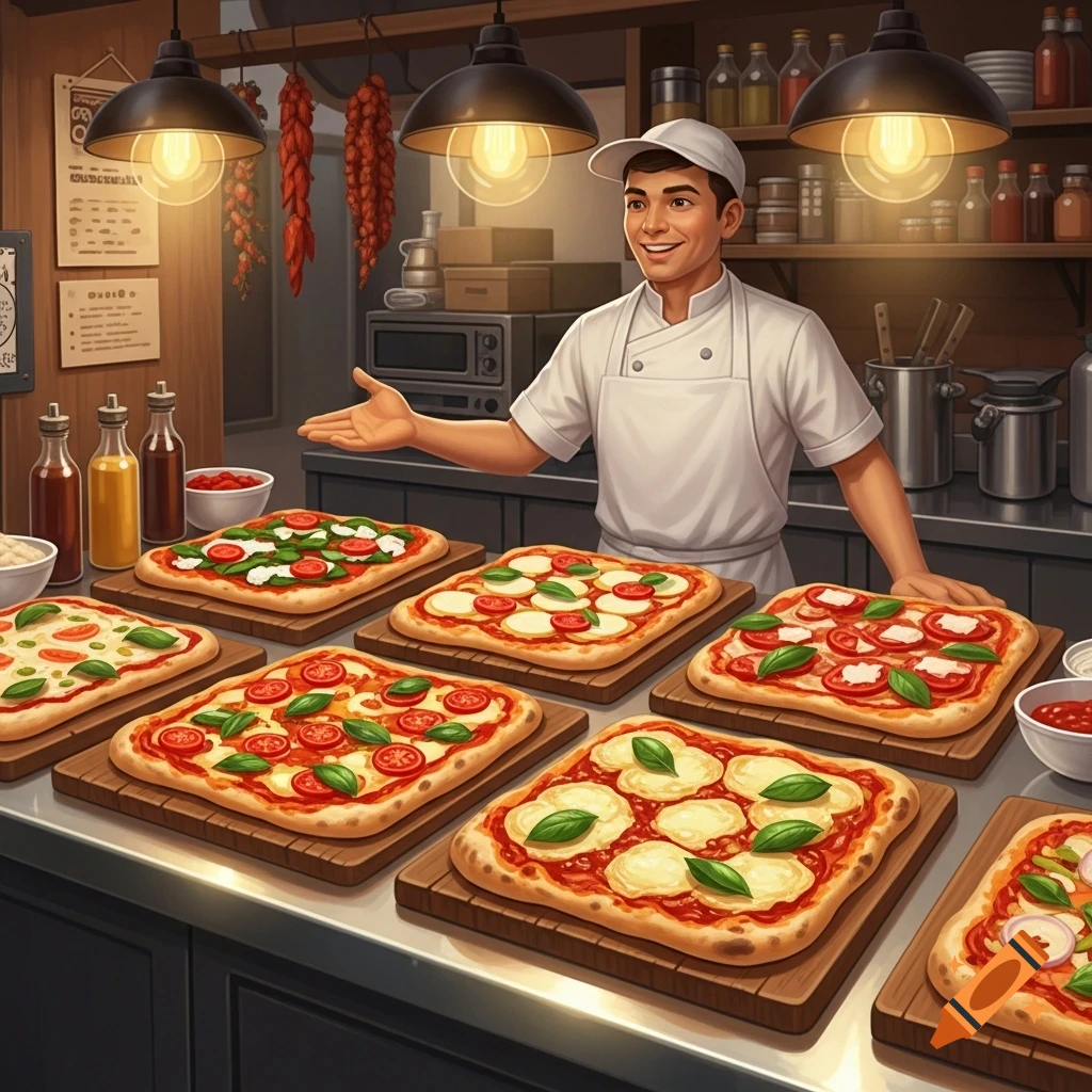 A smiling chef stands behind a counter laden with many square pizzas in a vibrant kitchen setting.