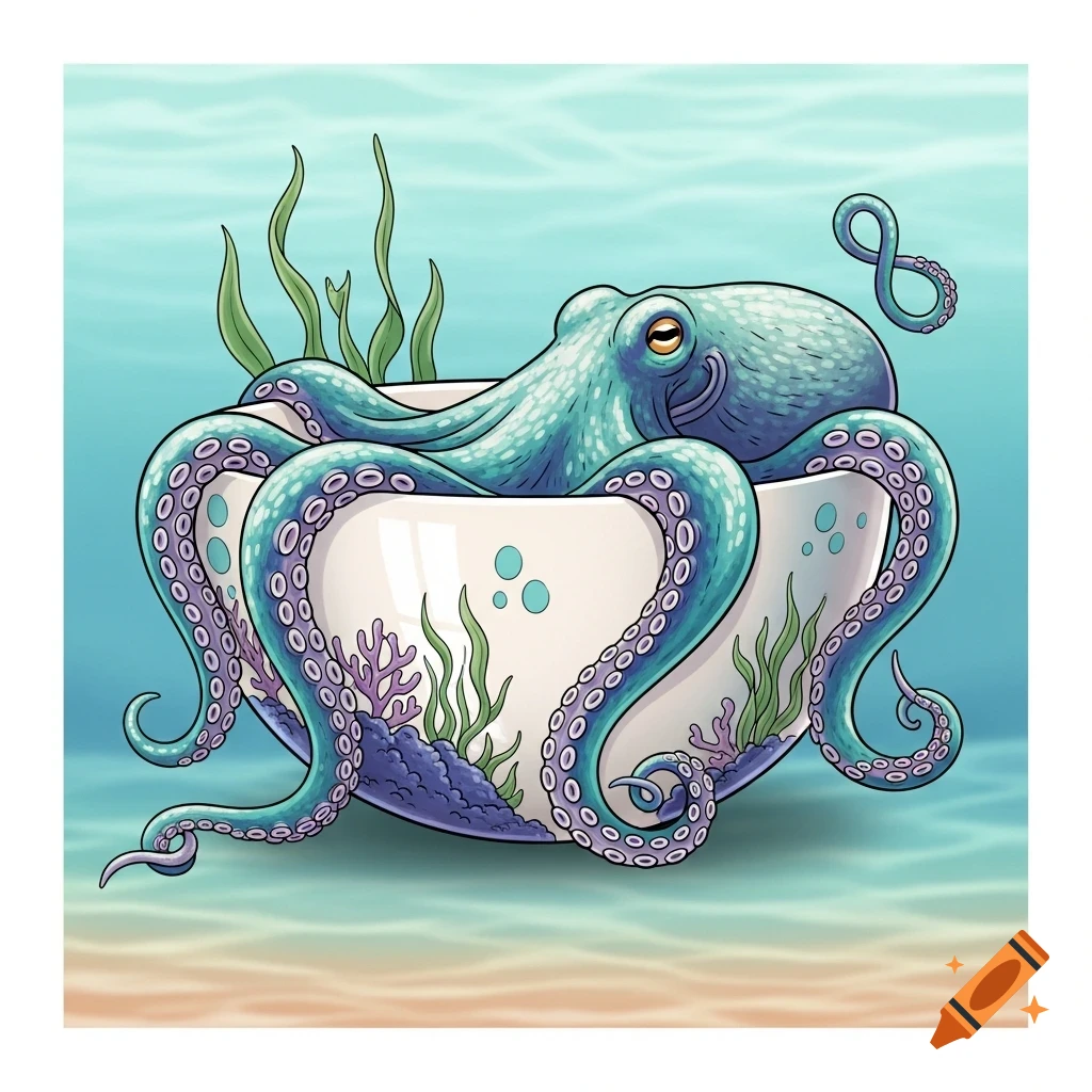 Illustration of a blue-green octopus with purple suckers sitting in a white bowl with seaweed and coral, in an underwater scene.