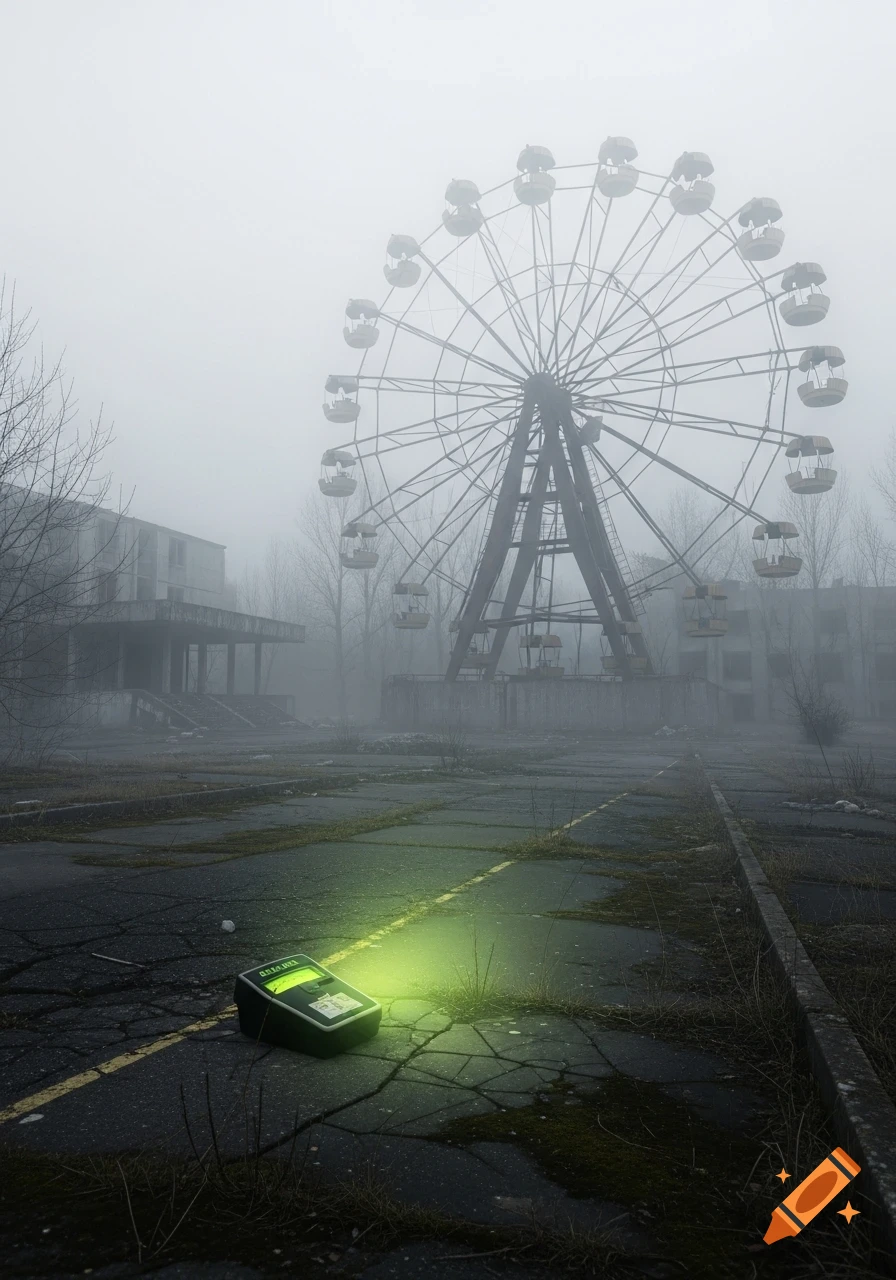 An abandoned Ferris wheel and buildings loom in thick fog as a glowing Geiger counter lies on cracked asphalt in the foreground.