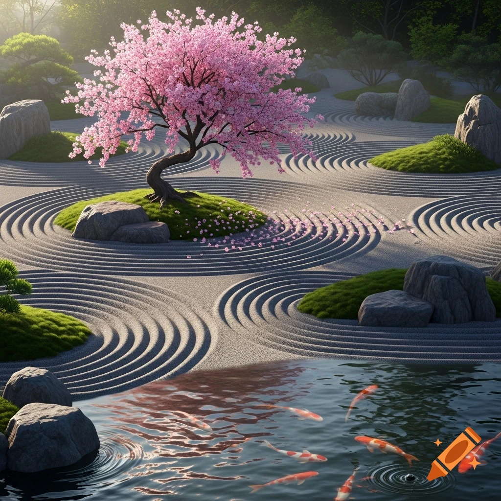 A beautiful Japanese zen garden with a pink cherry blossom tree, raked sand patterns, green mossy rocks, and a pond with koi fish.