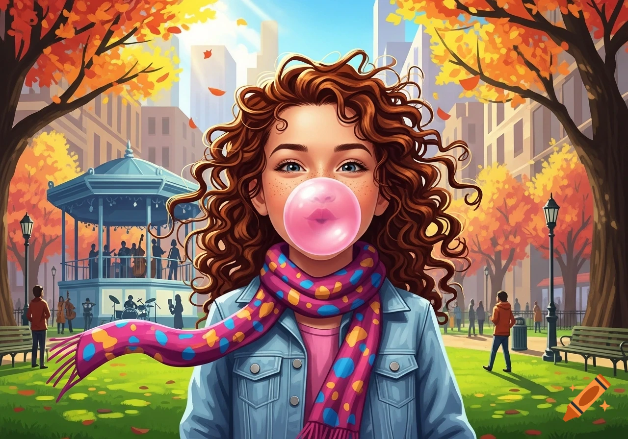 Illustrated young girl with curly brown hair blowing a pink bubble gum bubble in an autumn park with a city backdrop.