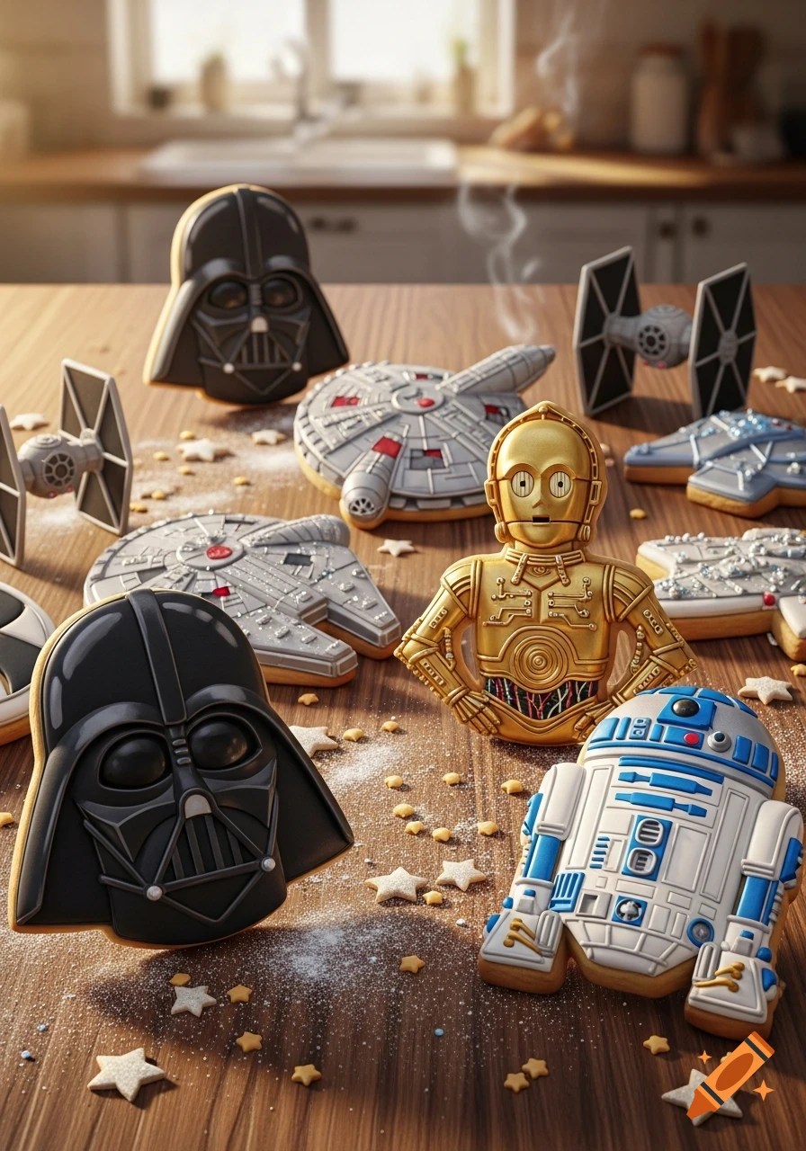 Photorealistic Star Wars themed cookies, including Darth Vader, C-3PO, R2-D2, Millennium Falcons, and TIE Fighters, on a wooden table with sugar and star candies in a kitchen setting.