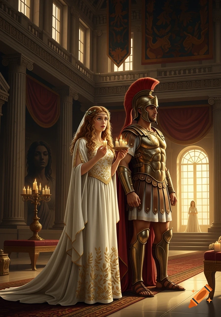 A woman in a white, gold-embroidered gown and a man in golden Roman armor stand in a grand, pillared hall holding lit candles.