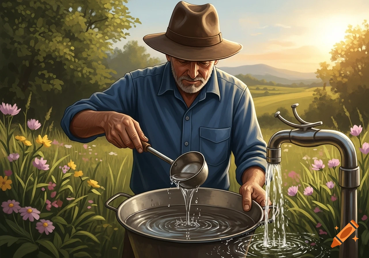 An old man in a hat scoops water from a basin with a ladle, while a faucet runs into a bucket, set in a field of wildflowers at sunset.