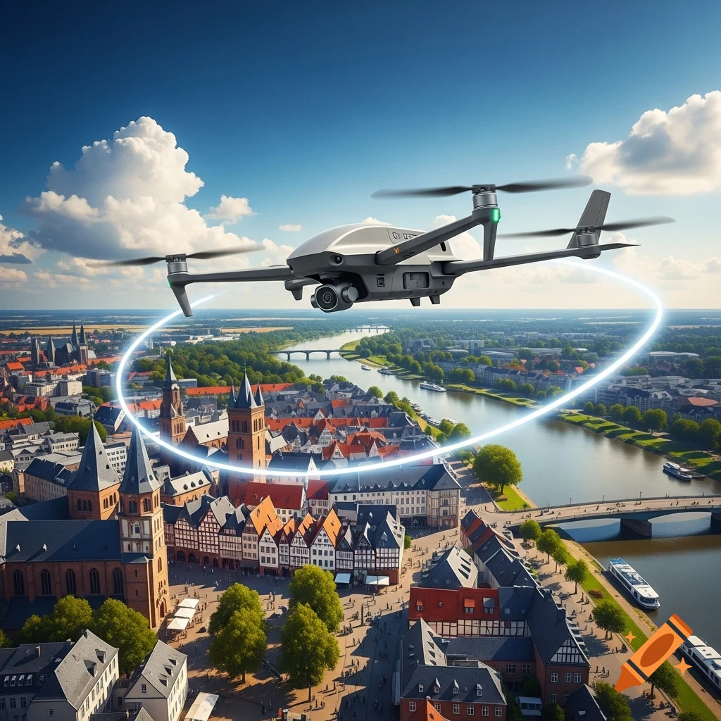 A large drone flies over a European city with a river, bridges, and historical buildings under a blue sky.