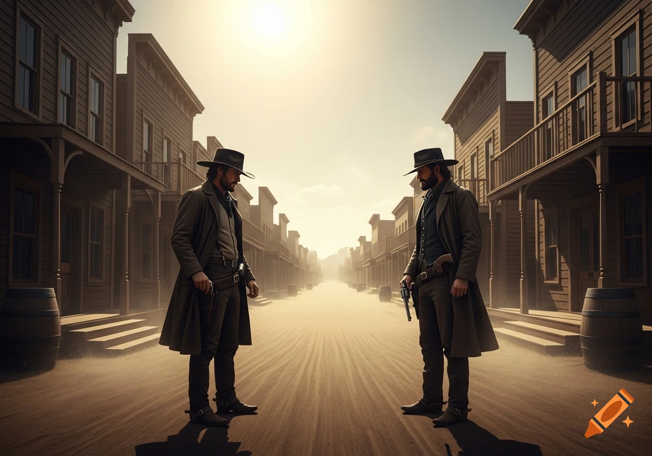 Two cowboys in duster coats and hats face each other in a standoff on a dusty street in a photorealistic old Western town.