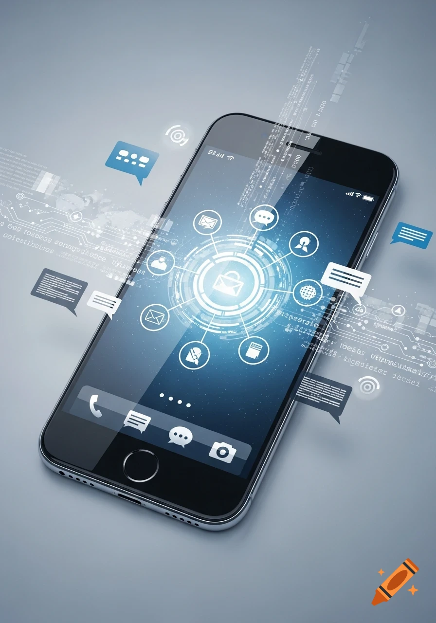 A smartphone surrounded by digital interface elements, data streams, and communication icons against a light gray background.