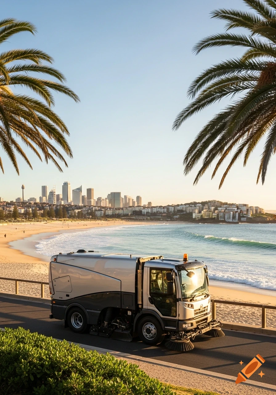 A street sweeper drives along a coastal road next to a sandy beach with palm trees and a city skyline.