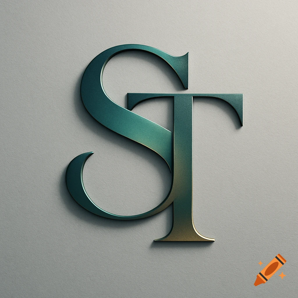 A sleek, metallic teal and gold monogram of the intertwined letters 'S' and 'T' on a light grey background with subtle shadow.