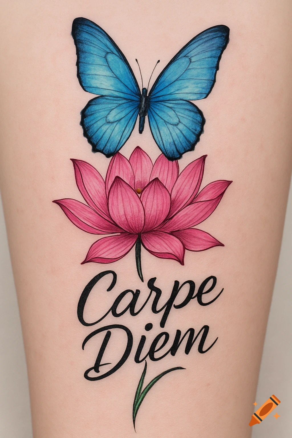 A vibrant tattoo on skin featuring a blue butterfly, pink lotus flower, and 'Carpe Diem' script.