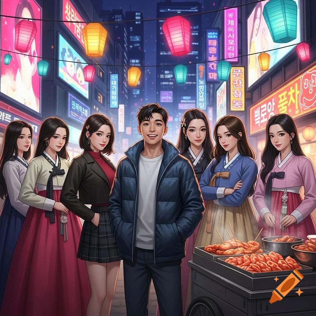 An anime-style group of people, some in hanbok and one in modern clothes, stand on a bustling neon-lit Korean street with a food cart.