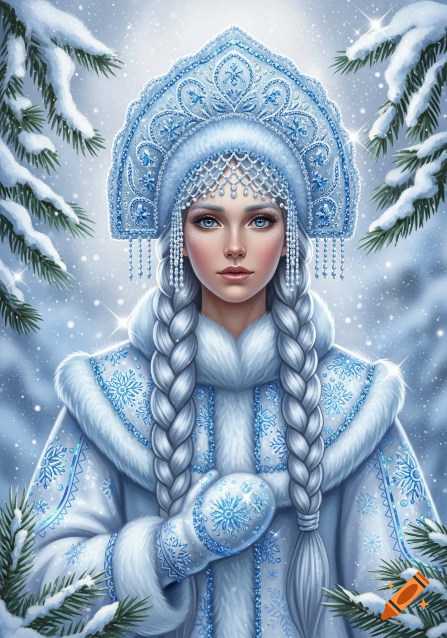 A fantastical illustration of a Snow Maiden with braided silver hair and blue eyes, wearing an elaborate white and blue winter coat and kokoshnik, standing in a snowy forest.