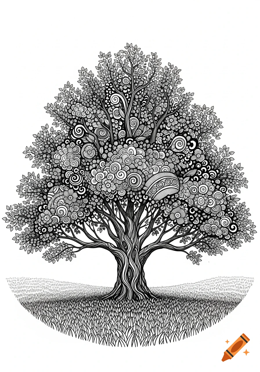 A highly detailed, ornate black and white drawing of a tree with decorative patterns filling its leaves and trunk, standing in patterned grass.
