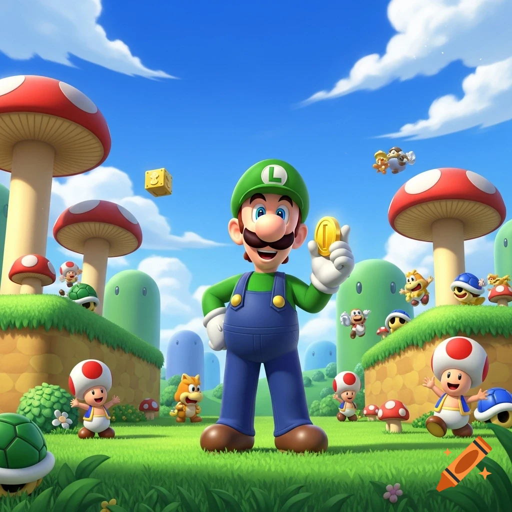 Luigi holding a gold coin in a vibrant 3D animated Super Mario world with Toads, Goombas, and Koopas amidst mushrooms and pipes.