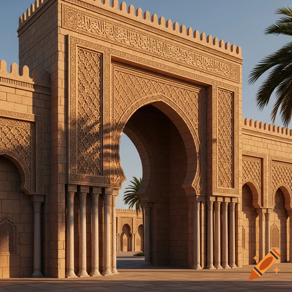 An ornate stone archway in Islamic architectural style, featuring intricate carvings and columns, under a clear sky with palm trees visible.