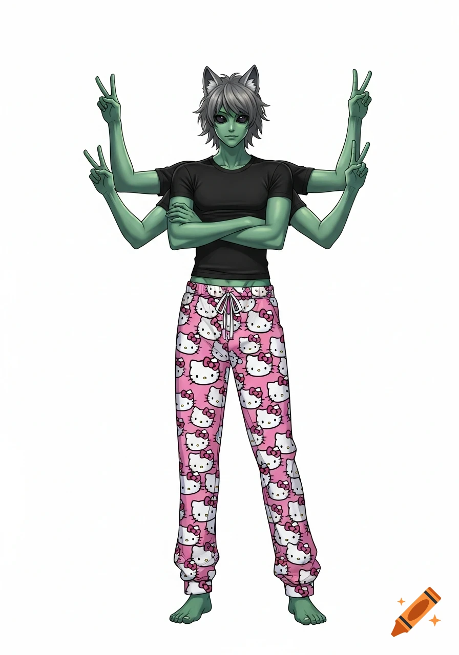 A green-skinned alien with four arms, cat ears, and a wolfcut hairstyle, wearing a black t-shirt and pink Hello Kitty pajama pants, making peace signs with its upper arms.