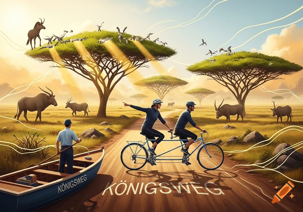 A vibrant safari scene with a couple cycling a tandem bike on a dirt path alongside a person in a small boat. Acacia trees and wild animals like antelopes and a zebra dot the landscape under a dramatic sky with sun rays. The text "KÖNIGSWEG" is visible on the road and boat.