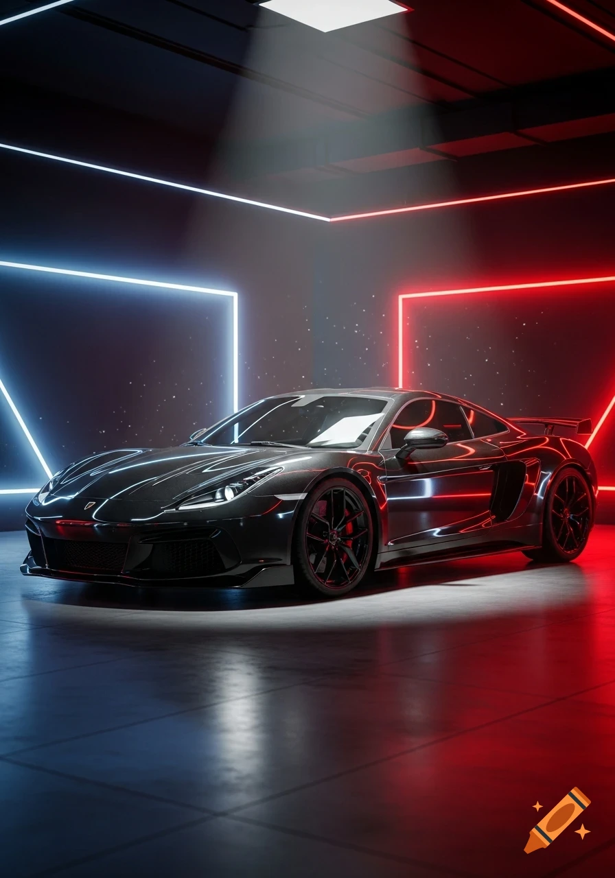 A sleek black sports car is parked in a dark room with glowing blue and red neon square outlines on the walls and floor, with reflections.