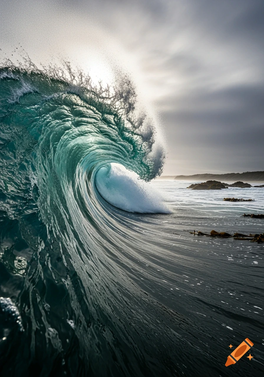 A large, powerful turquoise ocean wave curls and crashes, with water spraying under a dramatic, cloudy sky and a rocky coastline in the distance.
