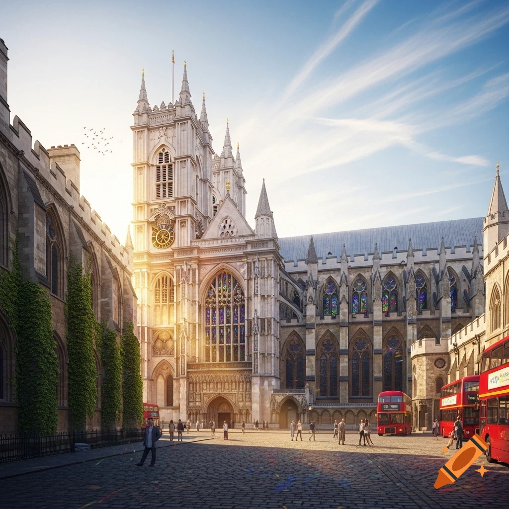Photorealistic image of Westminster Abbey in London with tourists, red double-decker buses, and a bright sky.