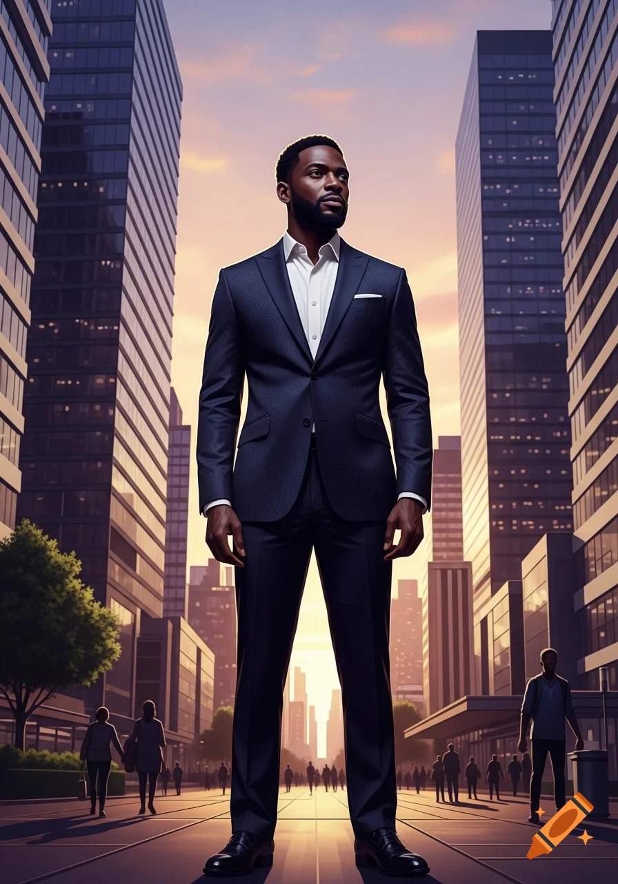 A photorealistic image of a Black man in a dark suit, standing confidently in a bustling city street at sunset with skyscrapers.
