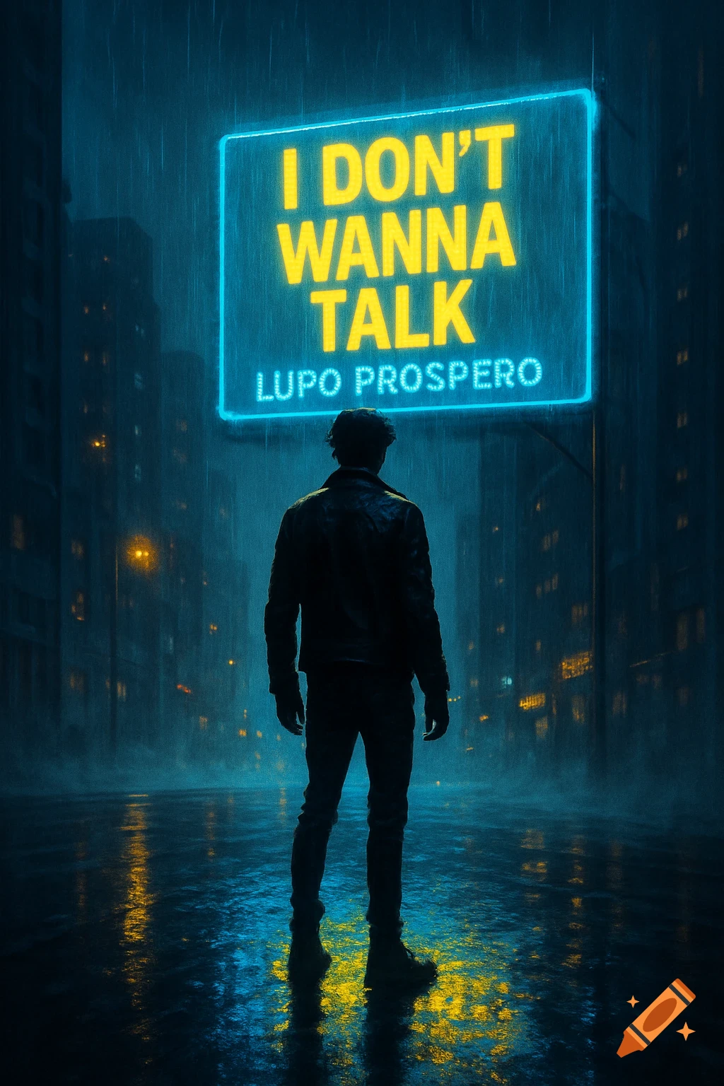 A person stands on a rainy city street at night, facing a glowing neon sign that reads 'I DON'T WANNA TALK LUPO PROSPERO'.
