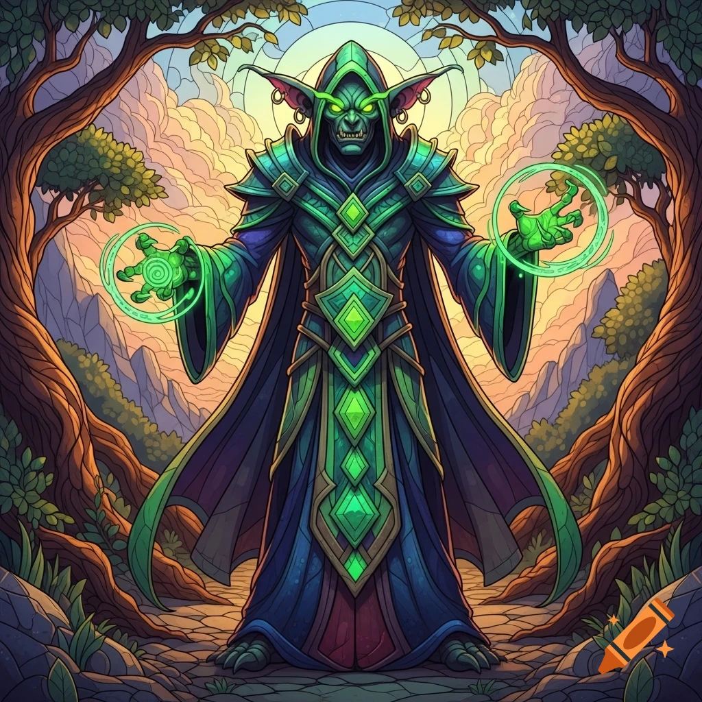 A goblin warlock with glowing green eyes and hands casts a spell in a forest, depicted in a vibrant stained glass art style.