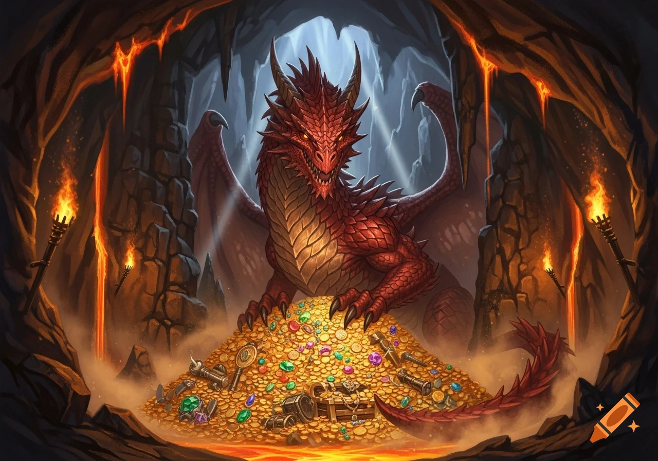 A fierce red dragon with glowing eyes guards a massive hoard of gold ...