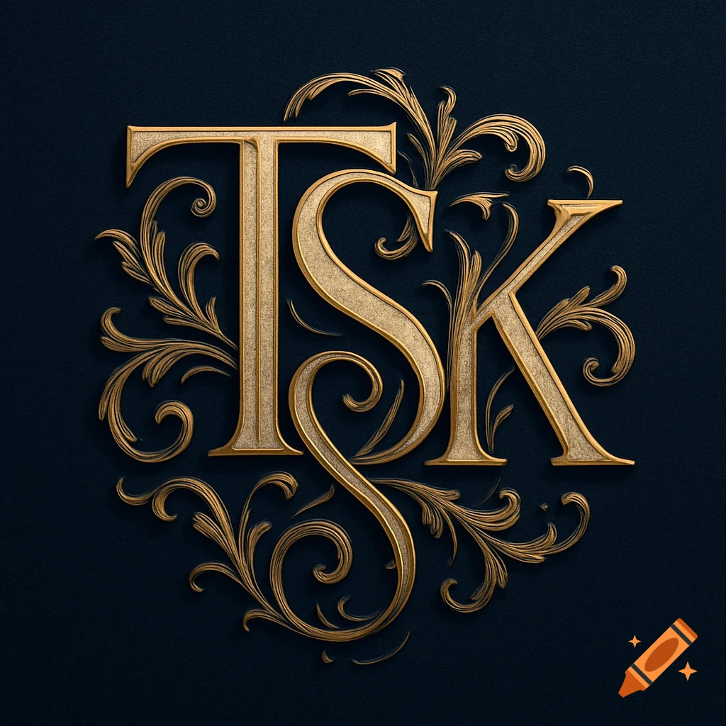A luxurious golden monogram featuring the letters TSK, surrounded by elaborate floral and scrollwork designs on a dark blue textured background.