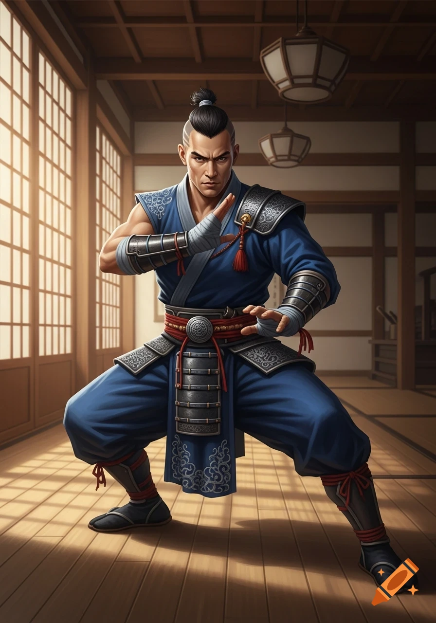 A male human monk with a bun, wearing blue ornate martial arts clothing and hand wraps, in a fighting pose in a dojo.