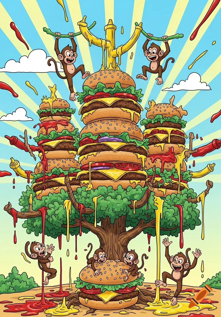 Playful cartoon monkeys climb on a tall tree made of stacked burgers, dripping with ketchup and mustard, against a striped sky.