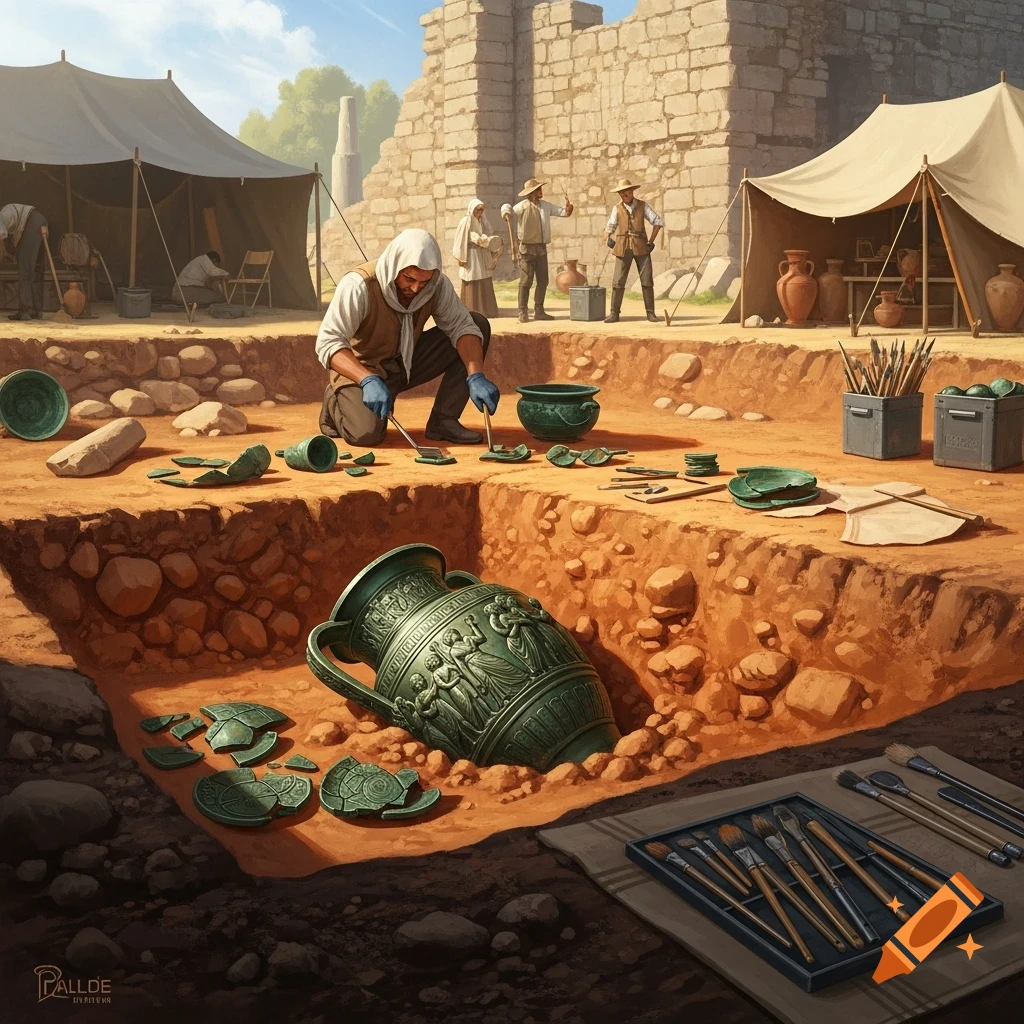 Archaeologist carefully excavates an ancient green vase and pottery shards at a sunny archaeological dig site.