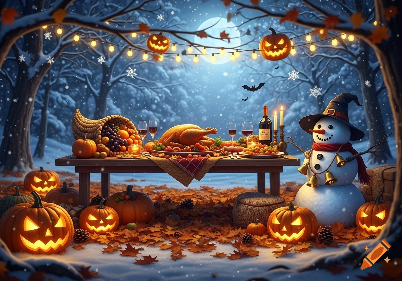 A festive outdoor dinner table in a snowy forest at night, featuring a turkey feast, pumpkins, a snowman in a witch hat, and glowing string lights under a full moon.