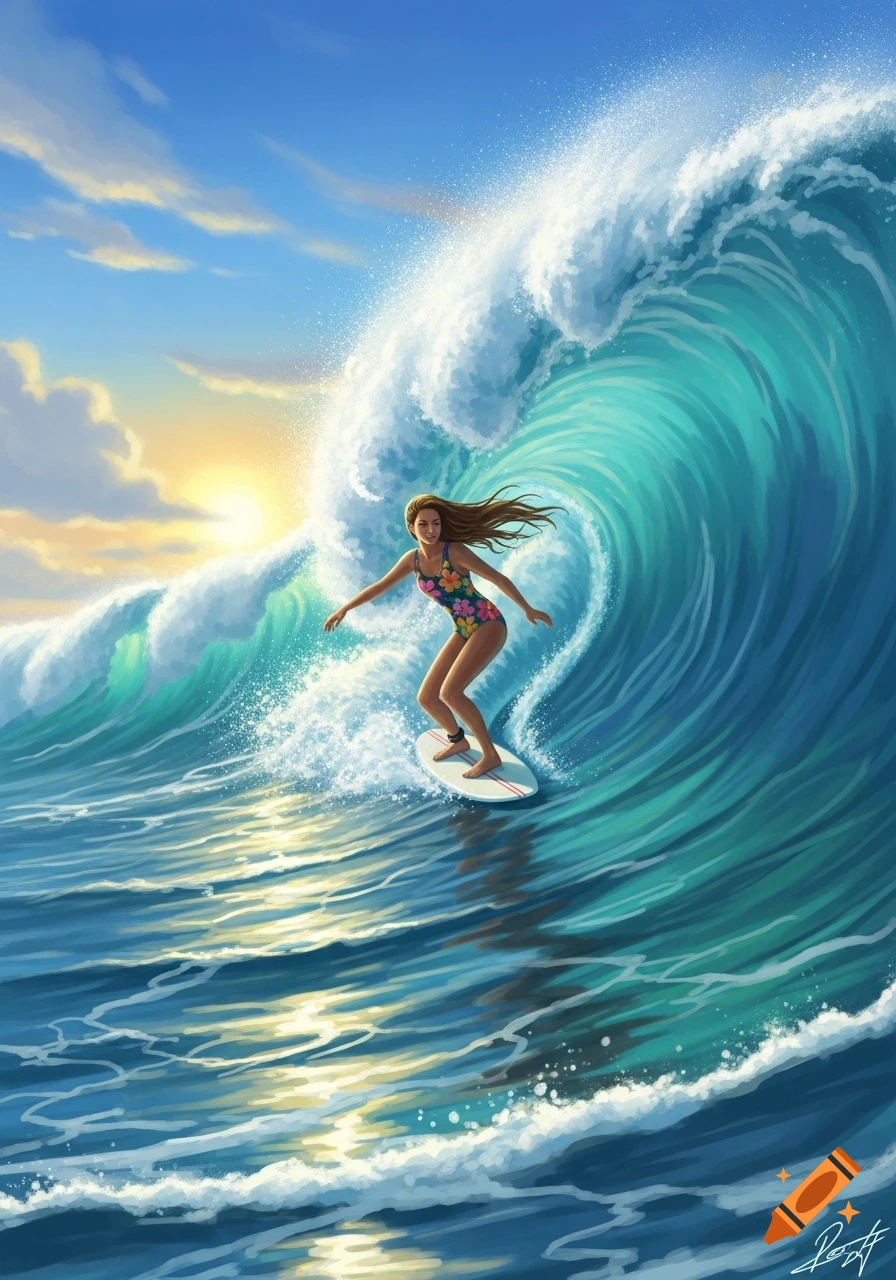 A smiling girl with long brown hair in a flowery swimsuit surfs on a huge blue wave under a sunny sky, digital illustration.