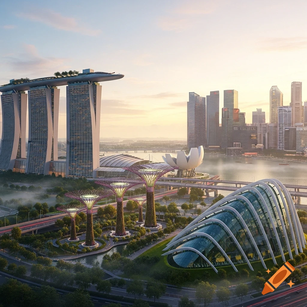 Panoramic view of Singapore at sunrise, featuring the Marina Bay Sands, Supertrees at Gardens by the Bay, and the ArtScience Museum.
