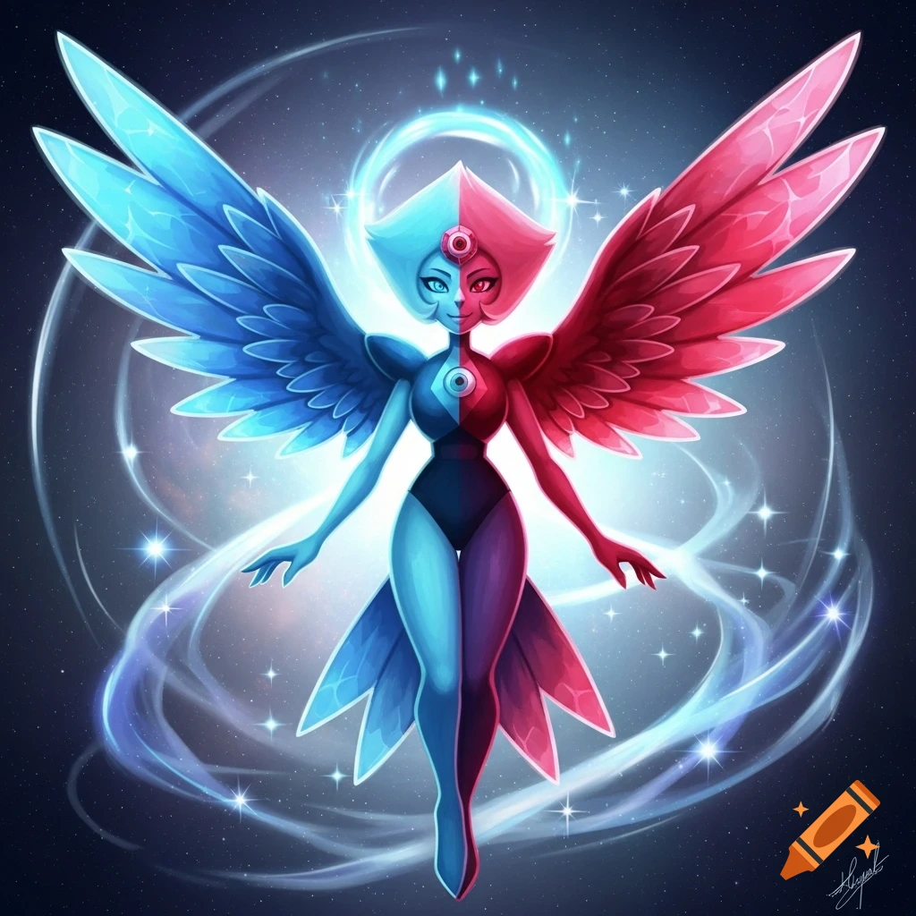 A stylized character, half blue and half red with wings, a gem on its chest, glowing in a starry space.