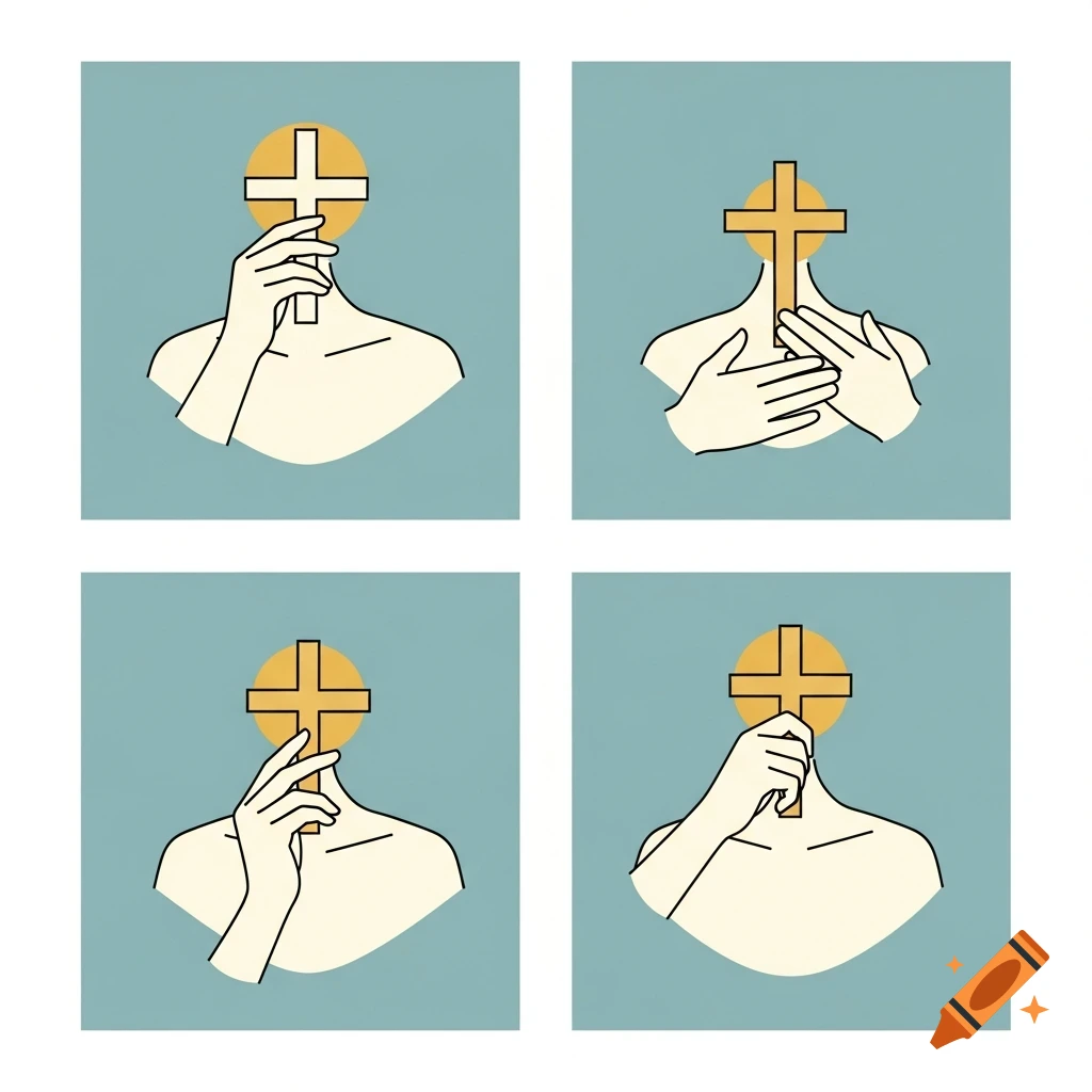 Four minimalist illustrations show a person's upper body making the sign of the cross, with a golden cross and halo for a head.