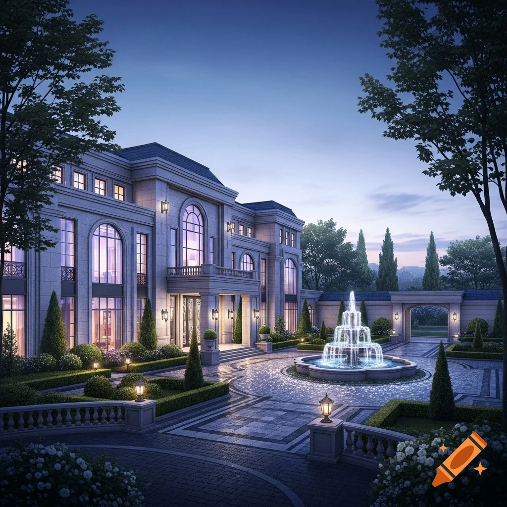 A grand, photorealistic mansion at dusk with illuminated windows, a tiered fountain in the circular driveway, and manicured gardens.