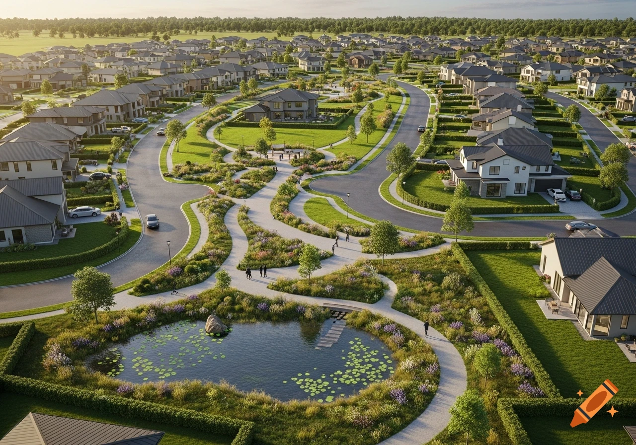 An aerial view of a modern residential subdivision with numerous houses, winding roads, lush green parks, and a pond with lily pads, under a clear sky.