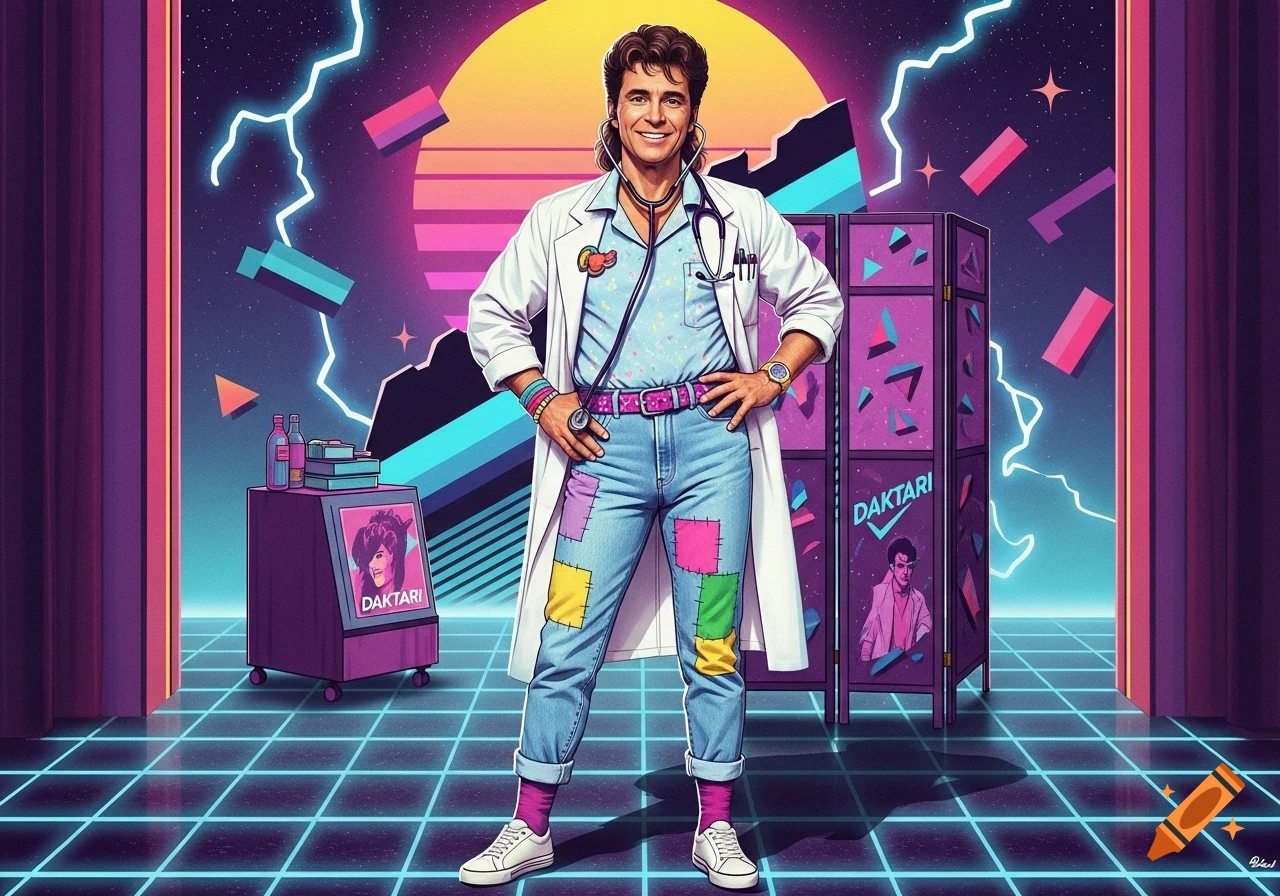 A smiling man in a doctor's lab coat, patched jeans, and a stethoscope stands in an 80s synthwave setting with neon lights and a grid floor.