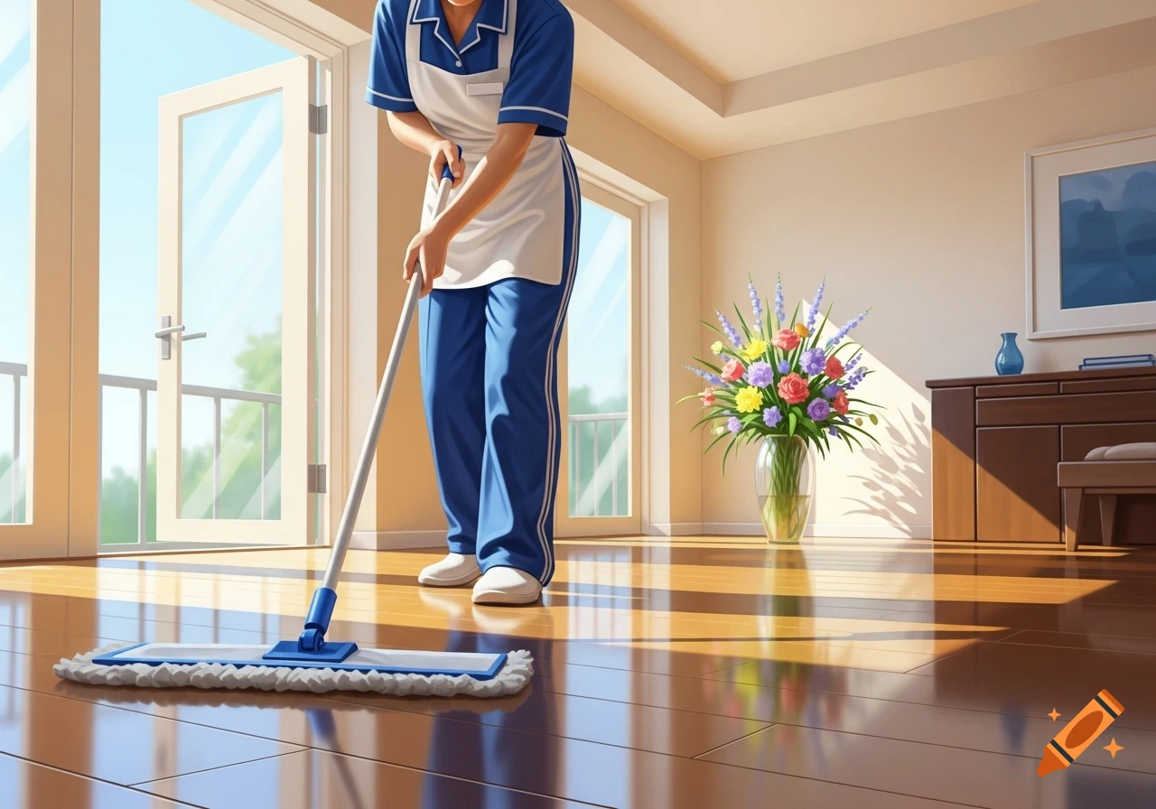 An illustrated person in a uniform mops a sunny wooden floor in a room with large glass doors and a flower arrangement.