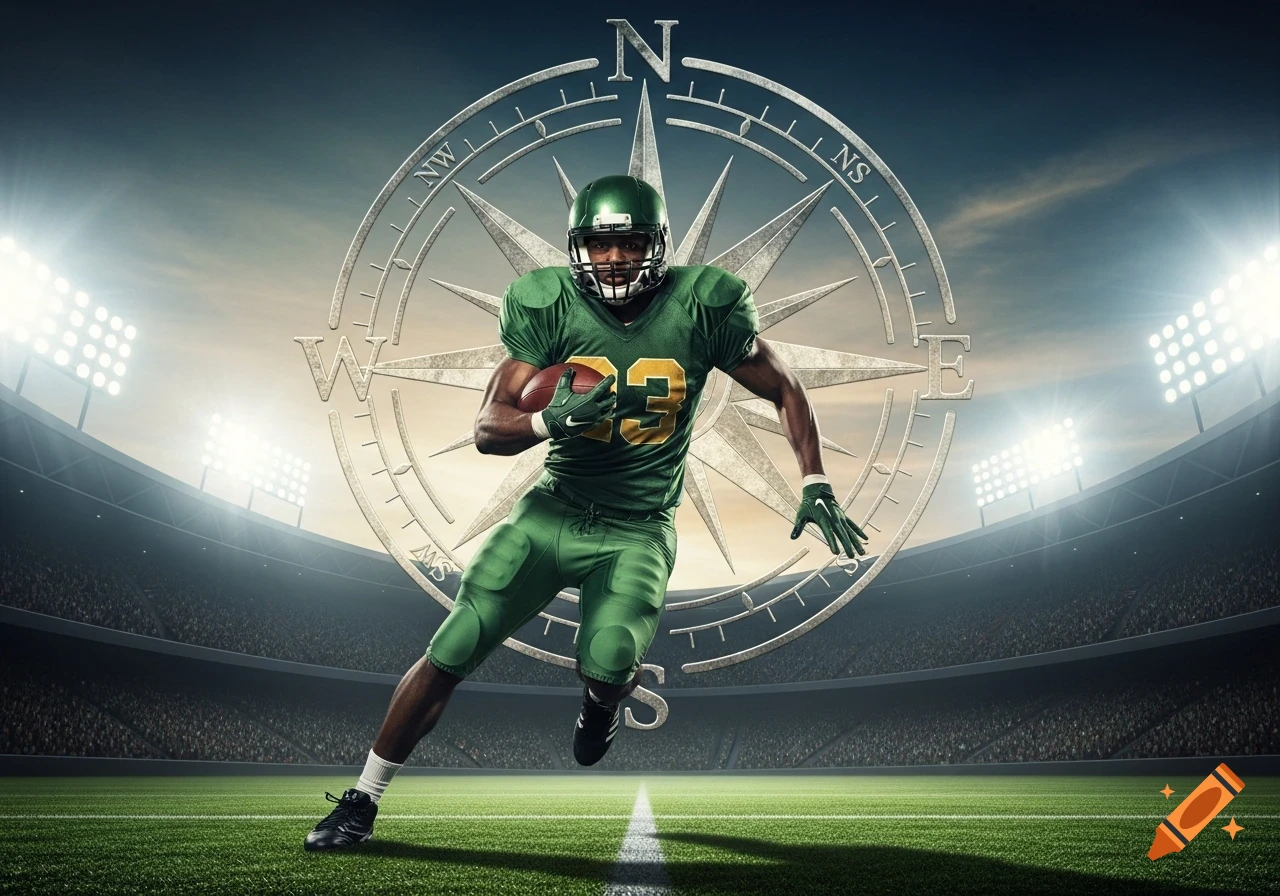 A photorealistic American football player in a green uniform with the number 23 runs across a stadium field, backlit by stadium lights, with a large metallic compass rose in the background.