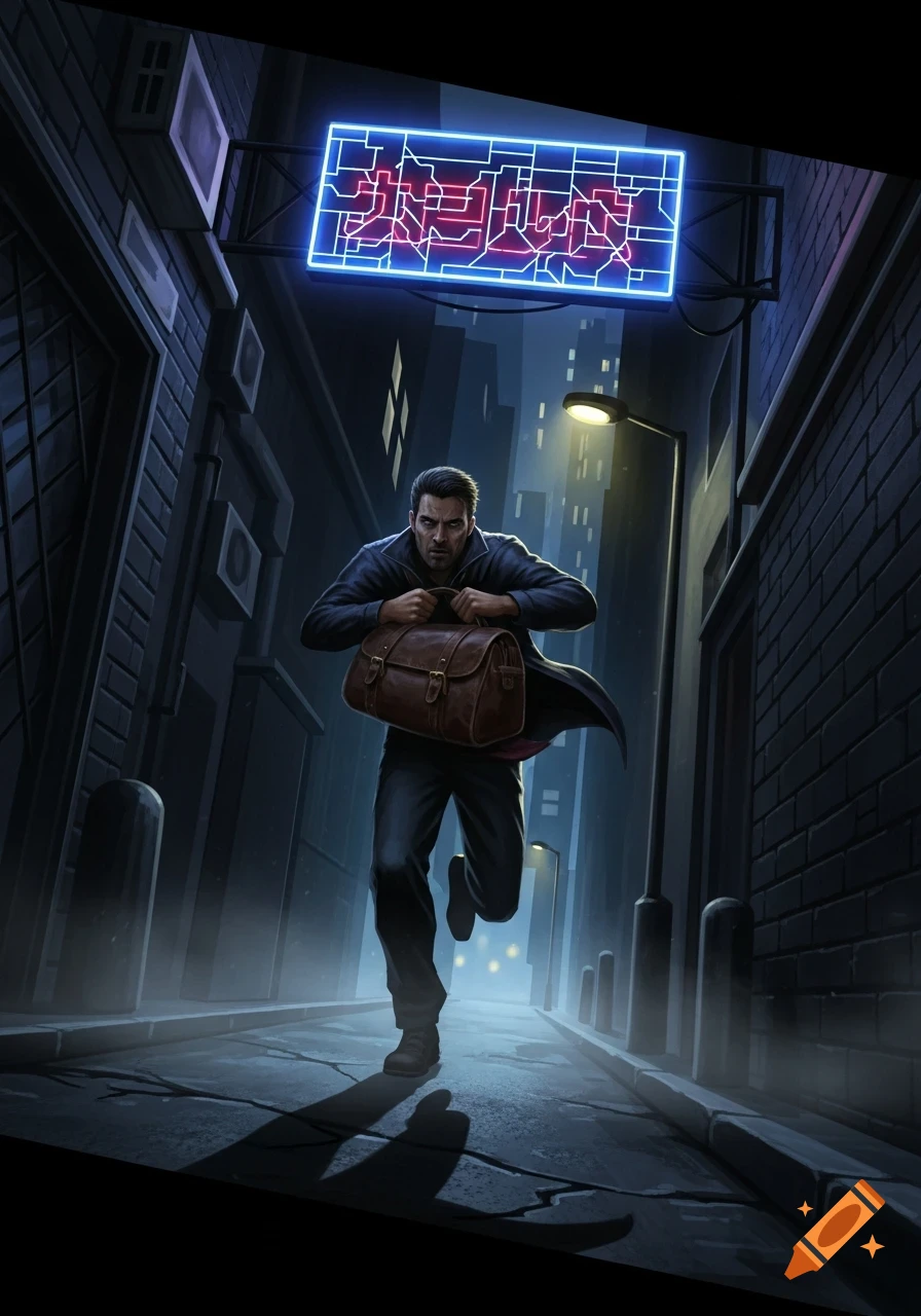 A tense illustration of a man with a stern expression, dressed in a dark coat, sprinting through a dim city alley at night, clutching a brown duffel bag, under a glowing neon sign.