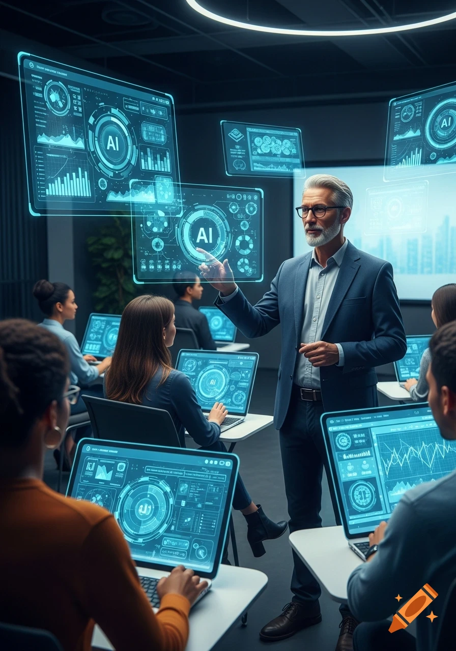 A grey-haired male professor in a suit points at holographic screens displaying AI data to a classroom of students using laptops, in a futuristic setting.