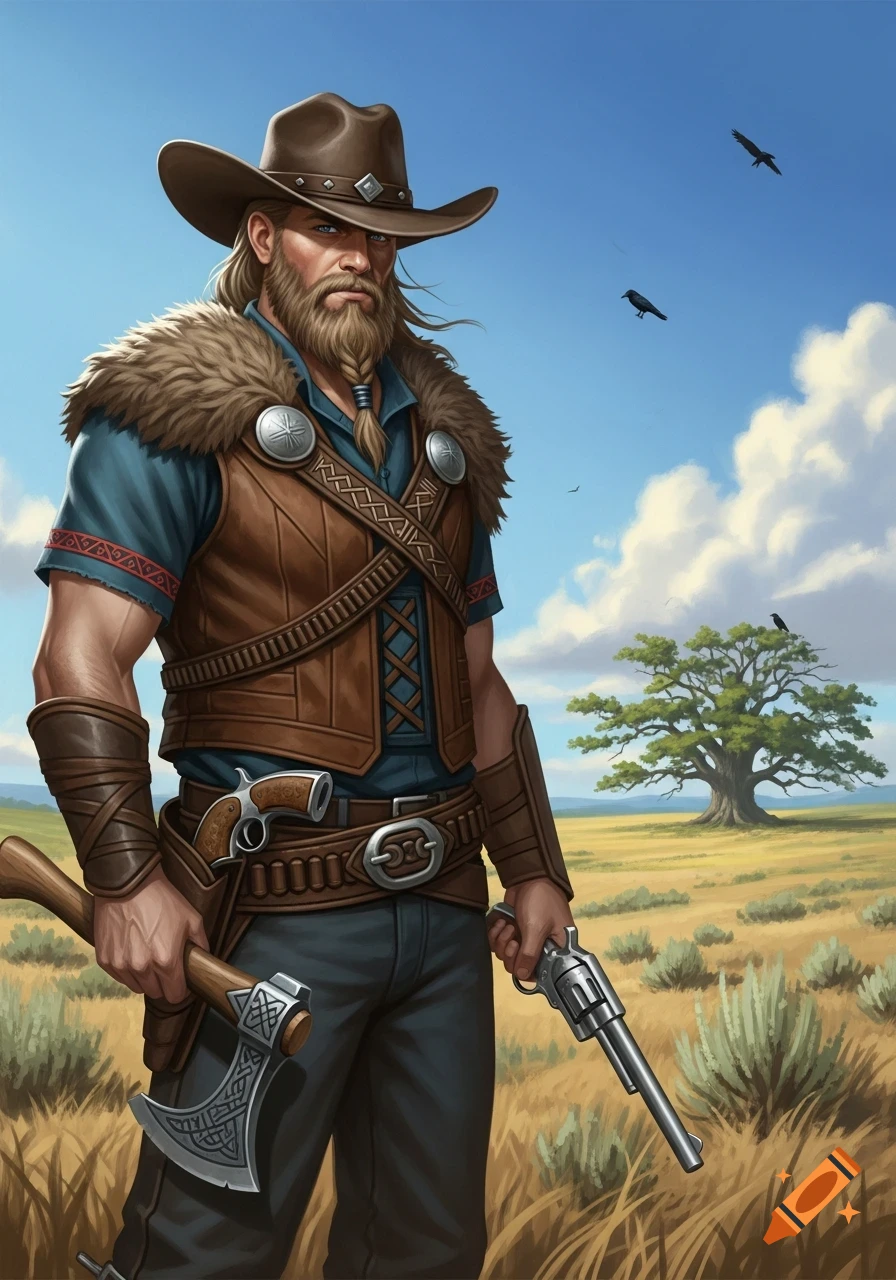 A rugged Viking cowboy with a braided beard, wearing a hat, fur-trimmed vest, and leather gear, holding an axe and two revolvers in a grassy field under a blue sky.