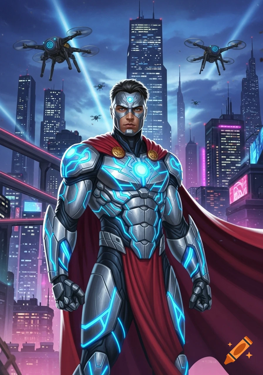 A male superhero in glowing silver and blue armor with a red cape ...