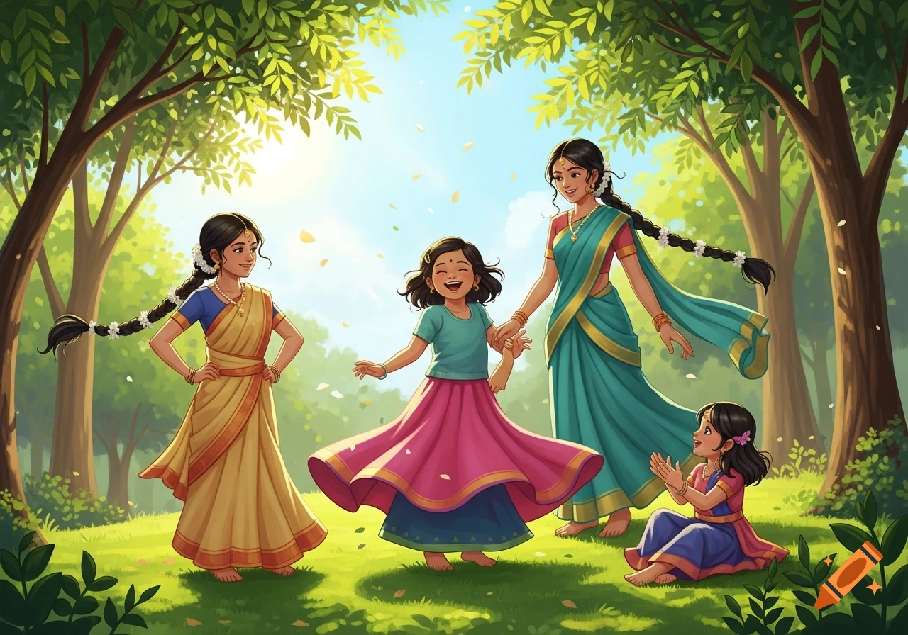 A vibrant illustration of four Indian women and girls playing joyfully in a sunny forest clearing.