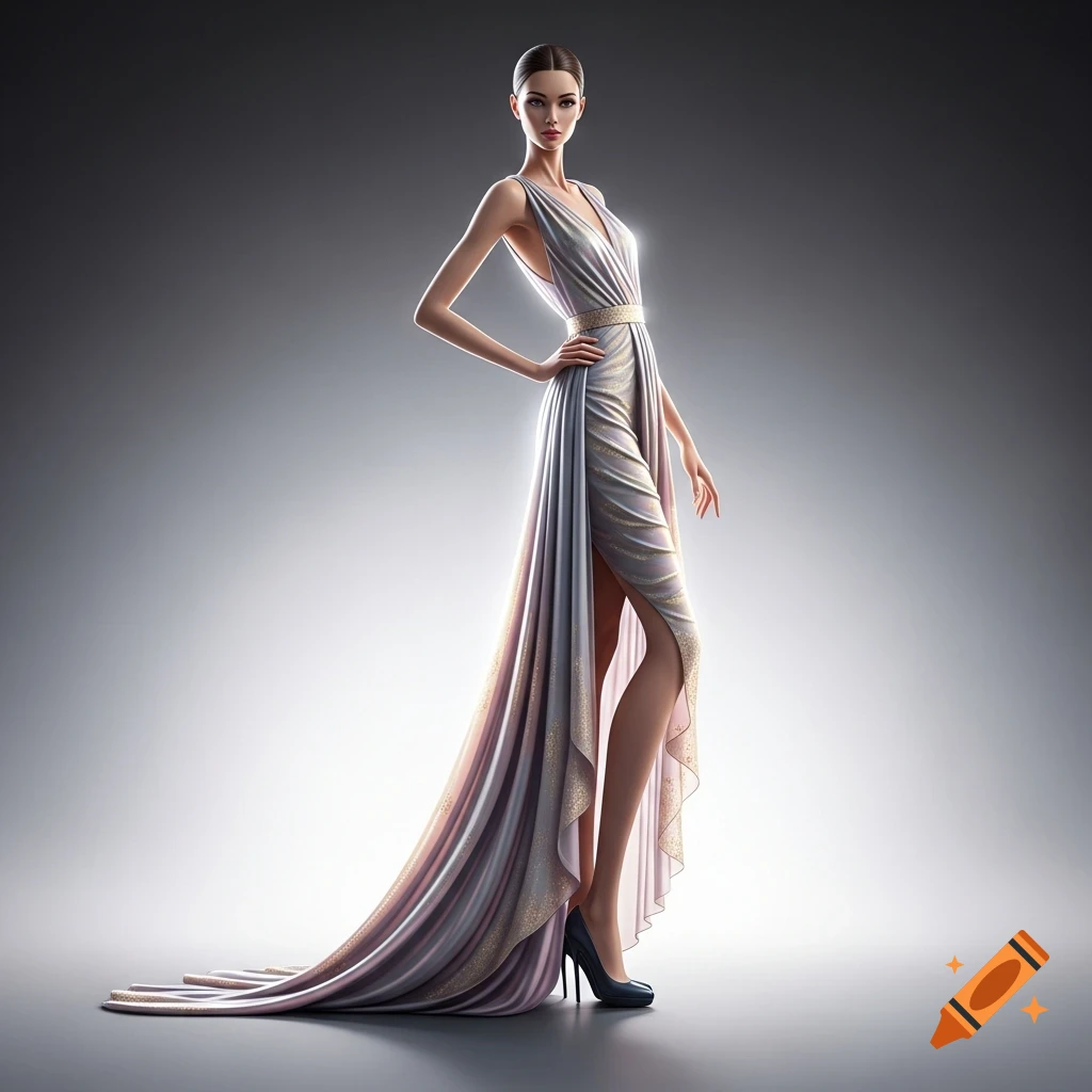 A tall woman in a sparkly, flowing, high-slit gown poses gracefully against a gradient grey background.