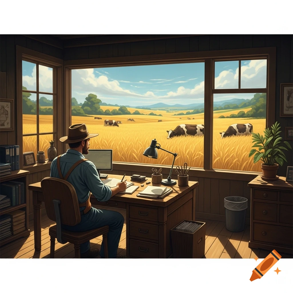 A man in a hat works at a wooden desk with a computer, looking out at a golden field with grazing cows from a large window.