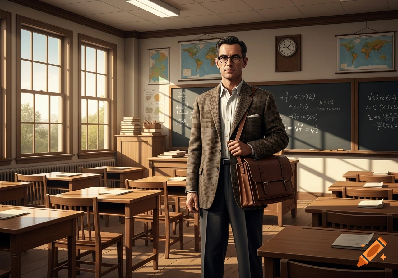 A male teacher in a tweed jacket and glasses holding a satchel stands in a vintage classroom with desks and blackboards.